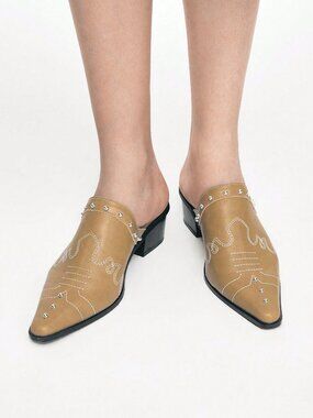 Khaki Casual Women's Studded Decor Pointed Toe High Heel Mules